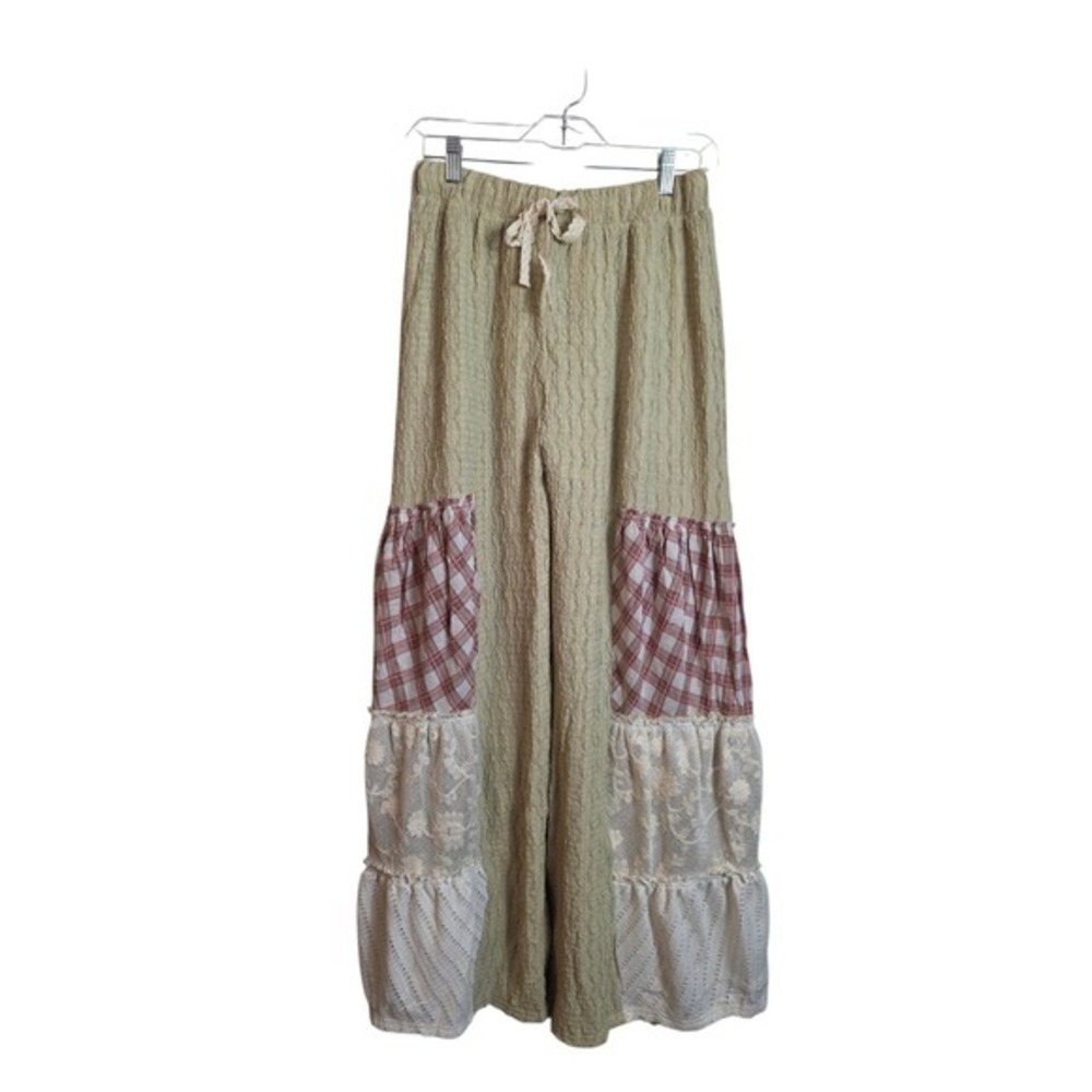 Fantastic Fawn Wide Leg Pants Women Size S Green Plaid Lace Patchwork Cool Girl - Picture 3 of 16